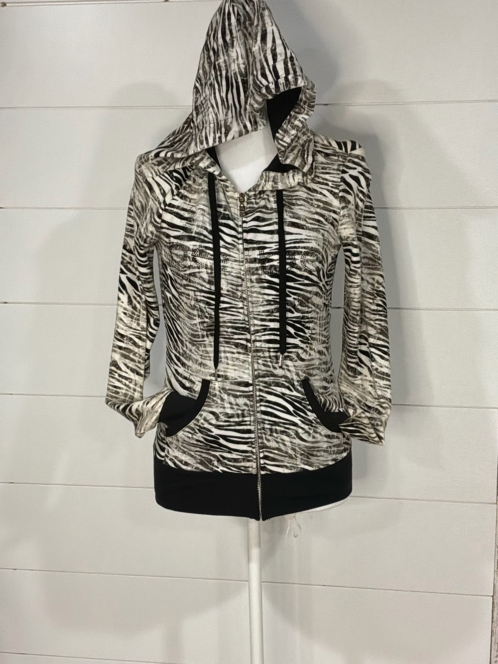 NWT Bebe Sport Zebra Print Rhinestone Logo Hoodie Y2K McBling Jacket